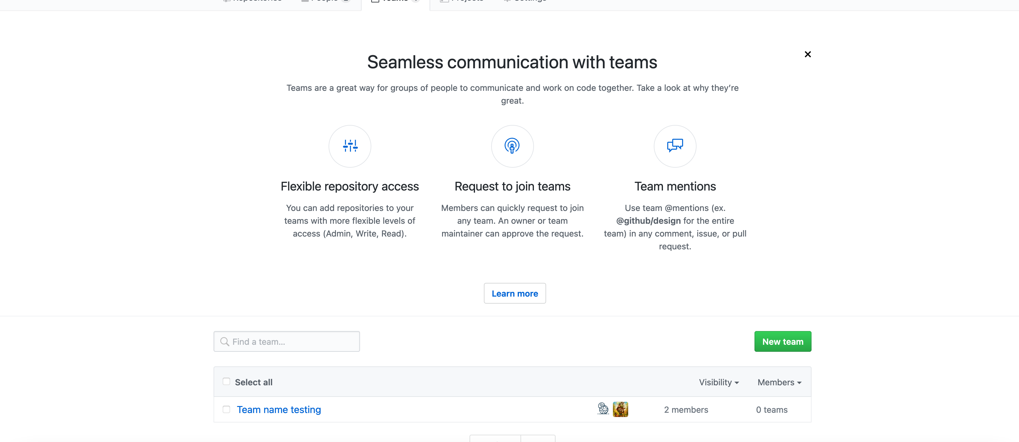 GitHub UI Teams page